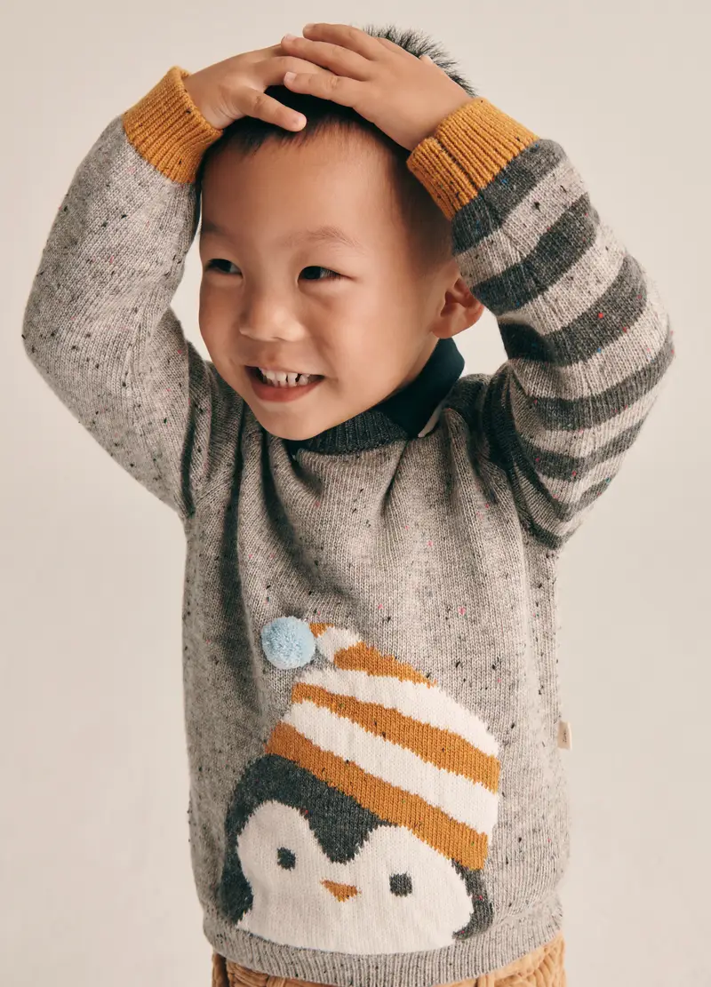 Maglione Grigio Con Pinguino Per Neonato, Grigio/Nero