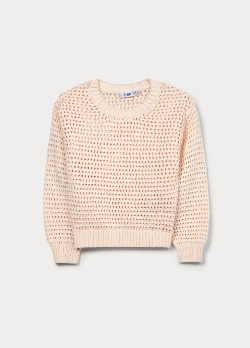 Maglione Operato In Puro Cotone Bambina, Bianco avorio