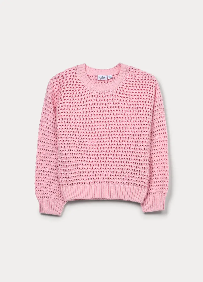 Maglione Operato In Puro Cotone Bambina, Rosa chiaro