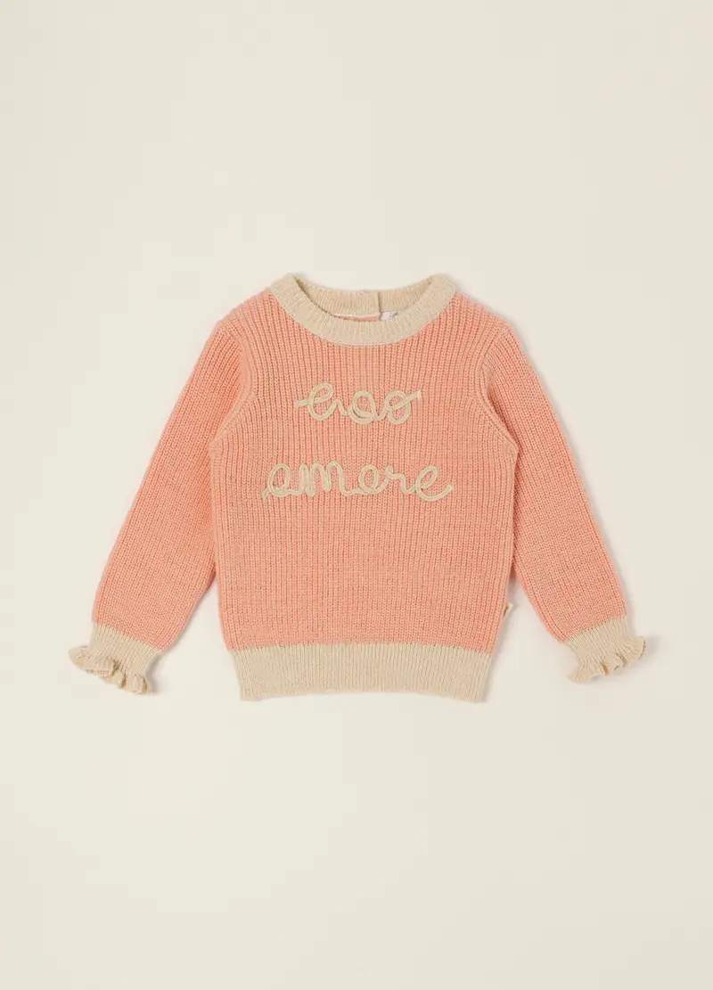Maglione Rosa In Puro Cotone Con Scritta Ricamata, Neonata, Beige