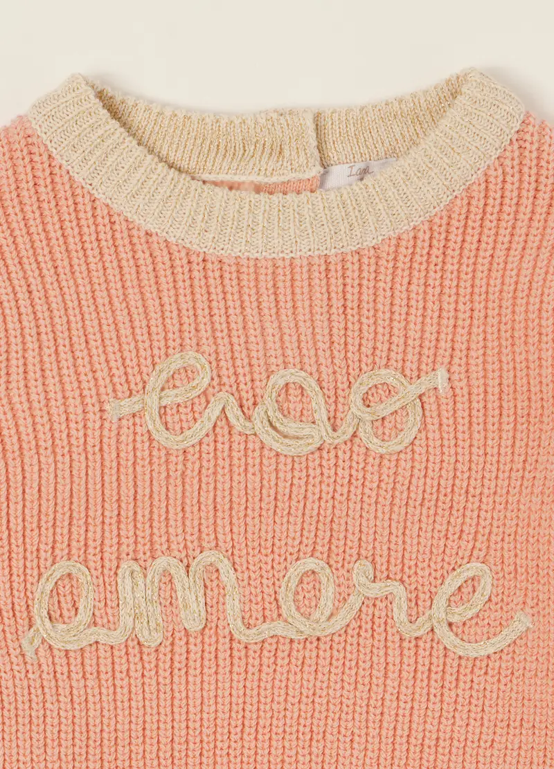Maglione Rosa In Puro Cotone Con Scritta Ricamata, Neonata, Beige miniatura 3