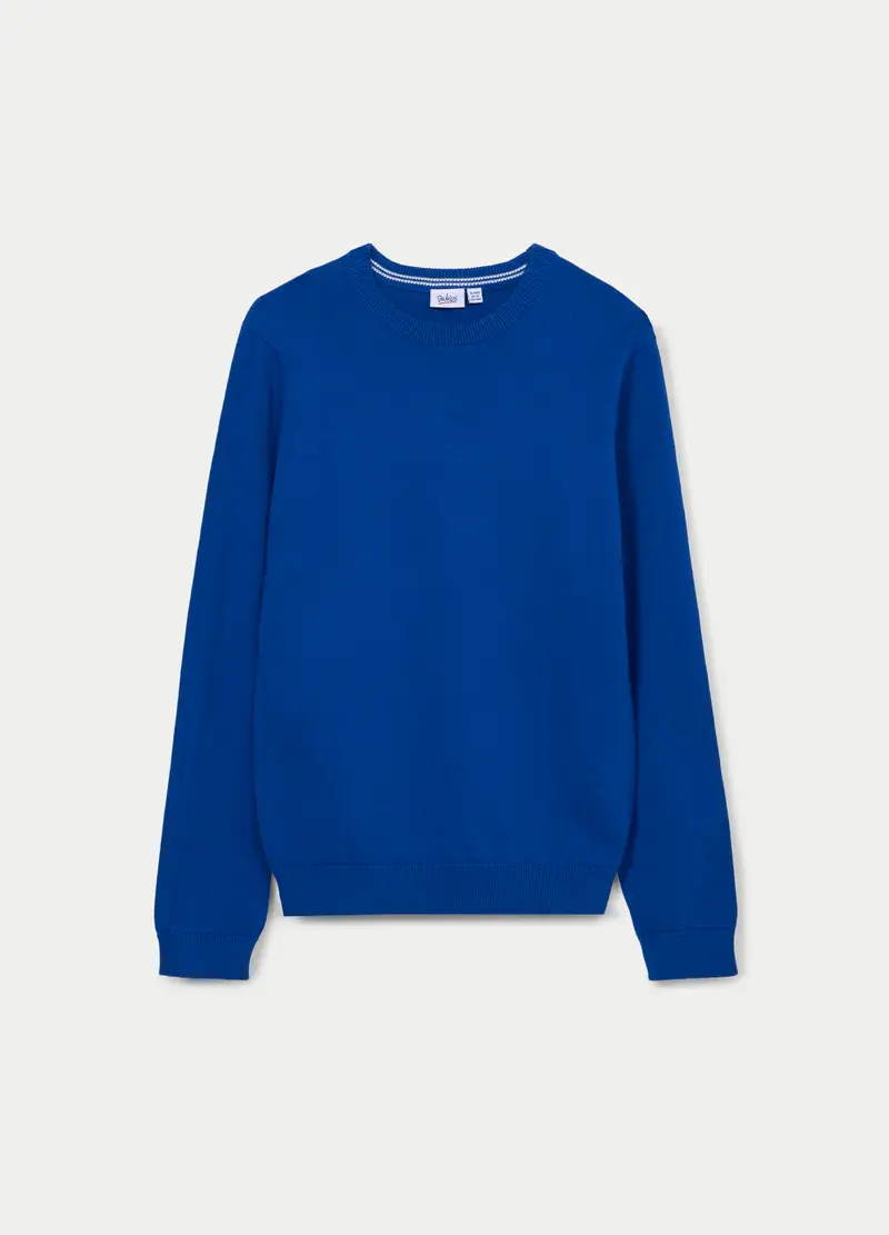 Maglione Tricot Girocollo In Puro Cotone Ragazzo, Bambino, Blu elettrico