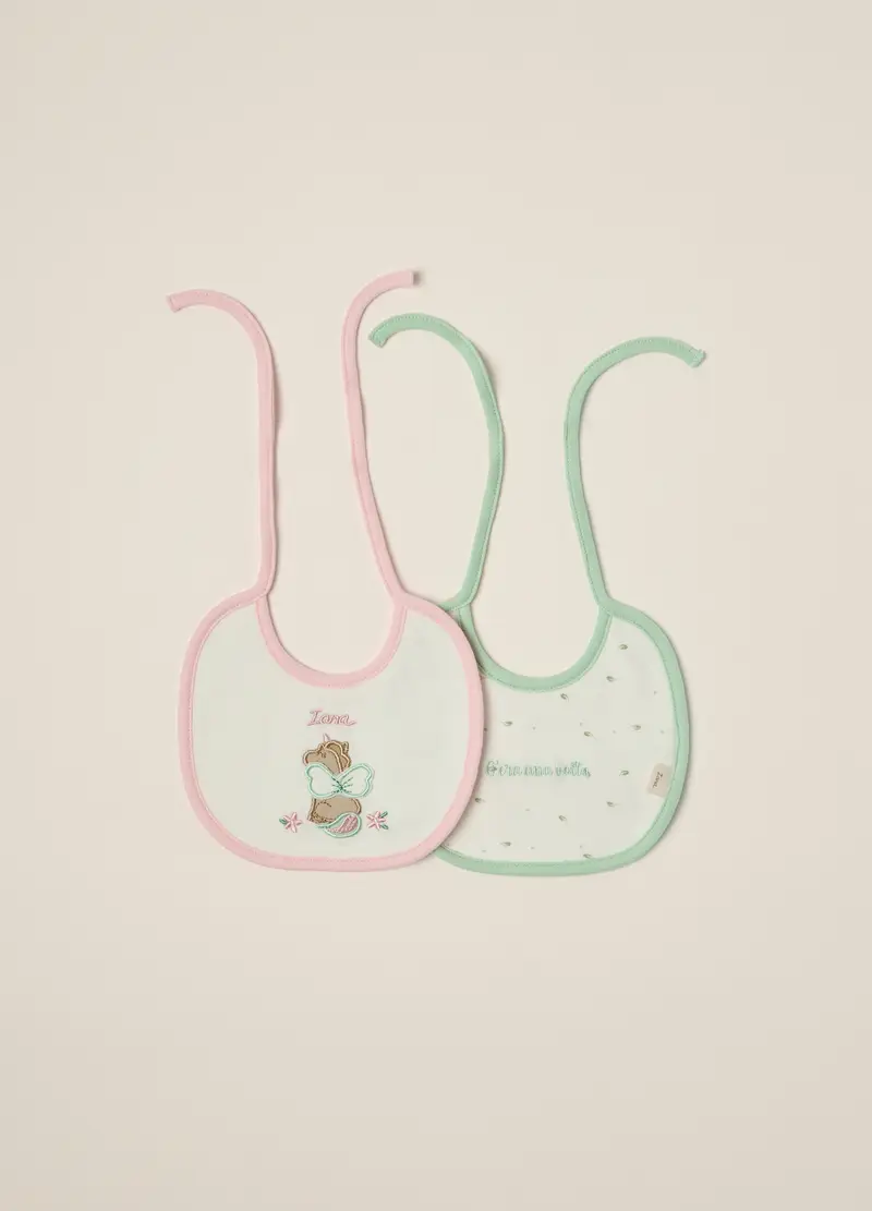 Blukids, Pack 2 Bavaglini In Interlock Di Puro Cotone Iana Neonata, Bianco/Rosa, Taglia: T.U