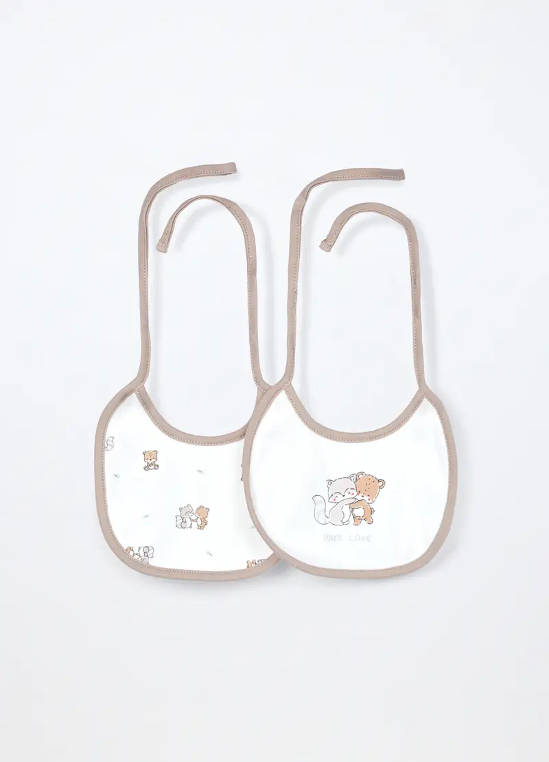 Pack 2 Bavaglini In Interlock Di Puro Cotone, Neonata, Bianco/Beige, U