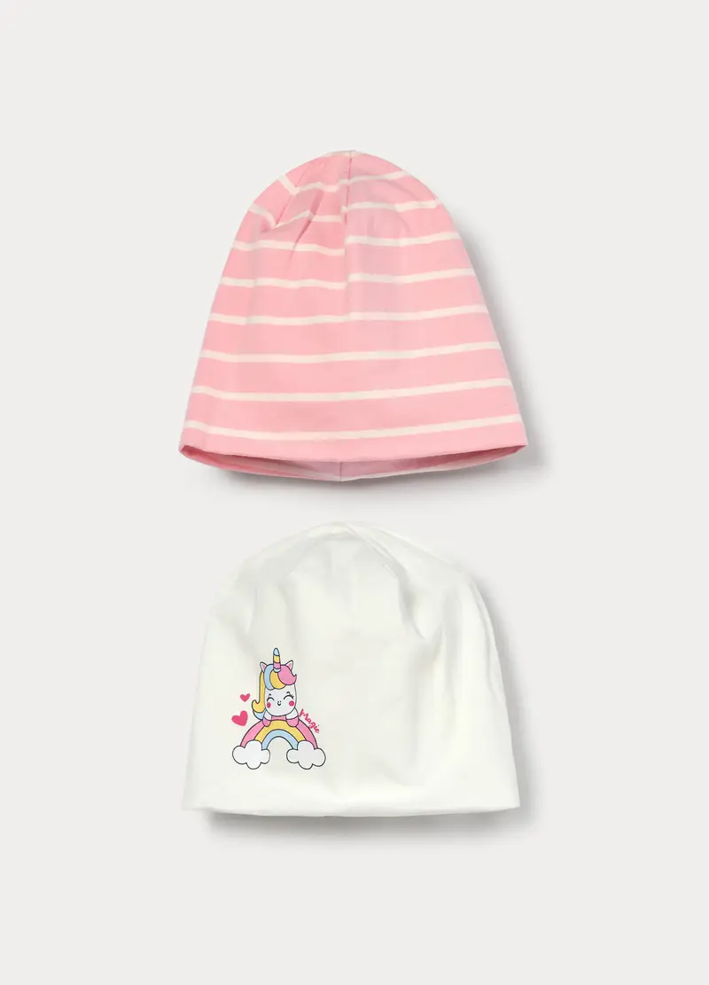 Pack 2 Berretti In Jersey Di Cotone Stretch, Neonata, Bianco/Rosa
