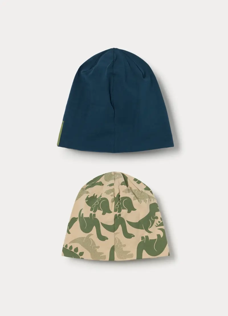 Pack 2 Berretti In Jersey Di Cotone Stretch, Neonato, Blu/Beige miniatura 2