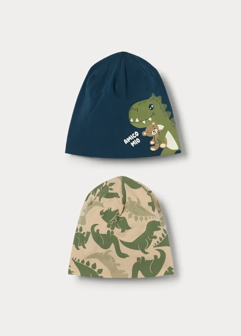 Pack 2 Berretti In Jersey Di Cotone Stretch, Neonato, Blu/Beige