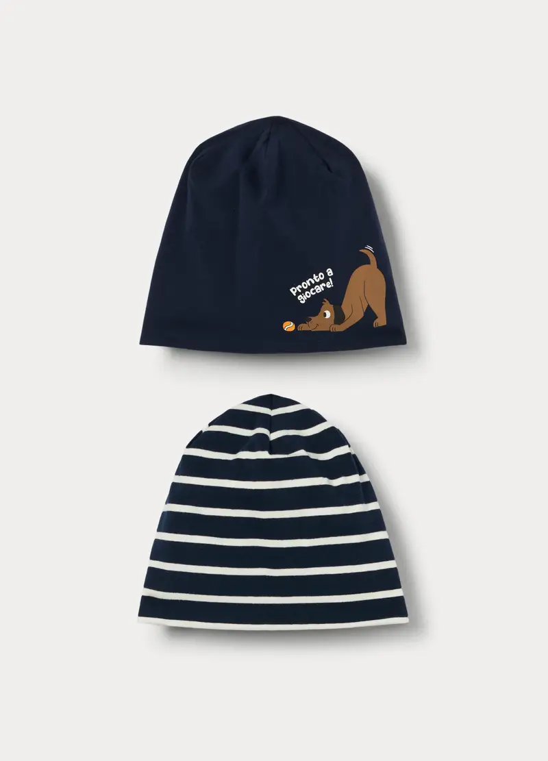 Pack 2 Berretti In Jersey Di Cotone Stretch, Neonato, Blu scuro