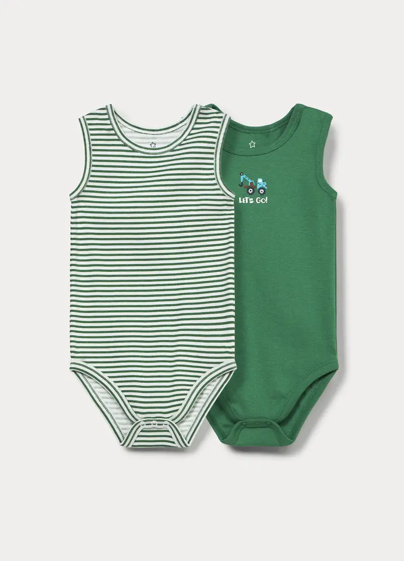 Pack 2 Body In Costina Di Puro Cotone, Neonato, Bianco/Verde