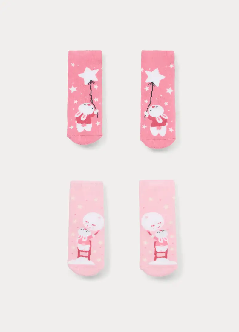 Pack 2 Calze Antiscivolo Misto Cotone Stretch, Neonata, Rosa pastello