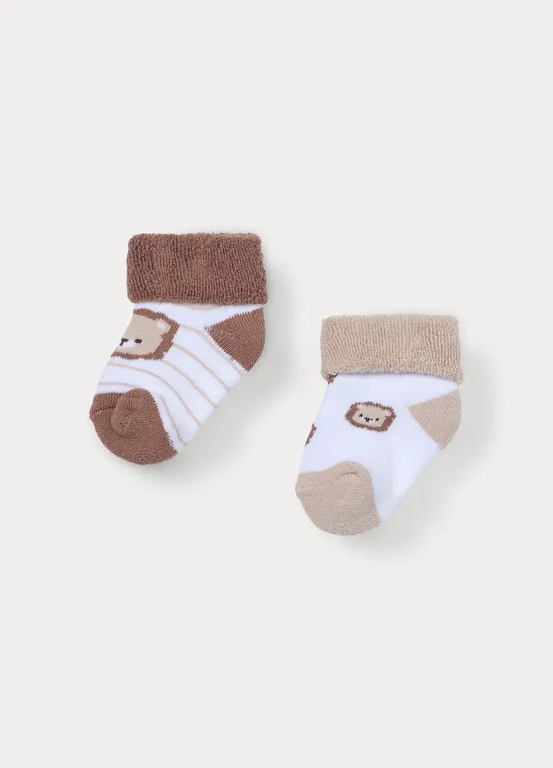 Pack 2 Calzini In Spugna Di Cotone Stretch Neonato, Bianco/Marrone miniatura 2