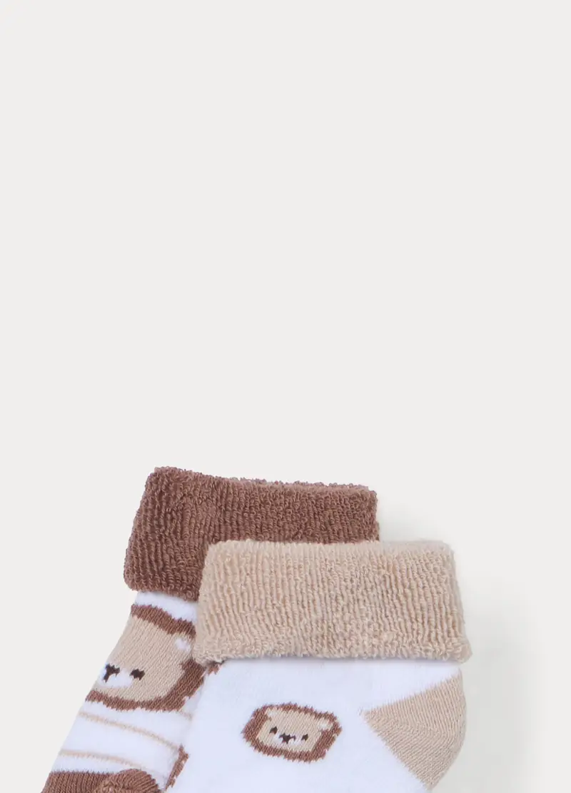 Pack 2 Calzini In Spugna Di Cotone Stretch Neonato, Bianco/Marrone miniatura 3