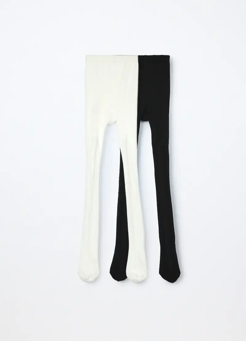 Pack 2 Collant In Cotone Stretch Bambina, Nero/Bianco