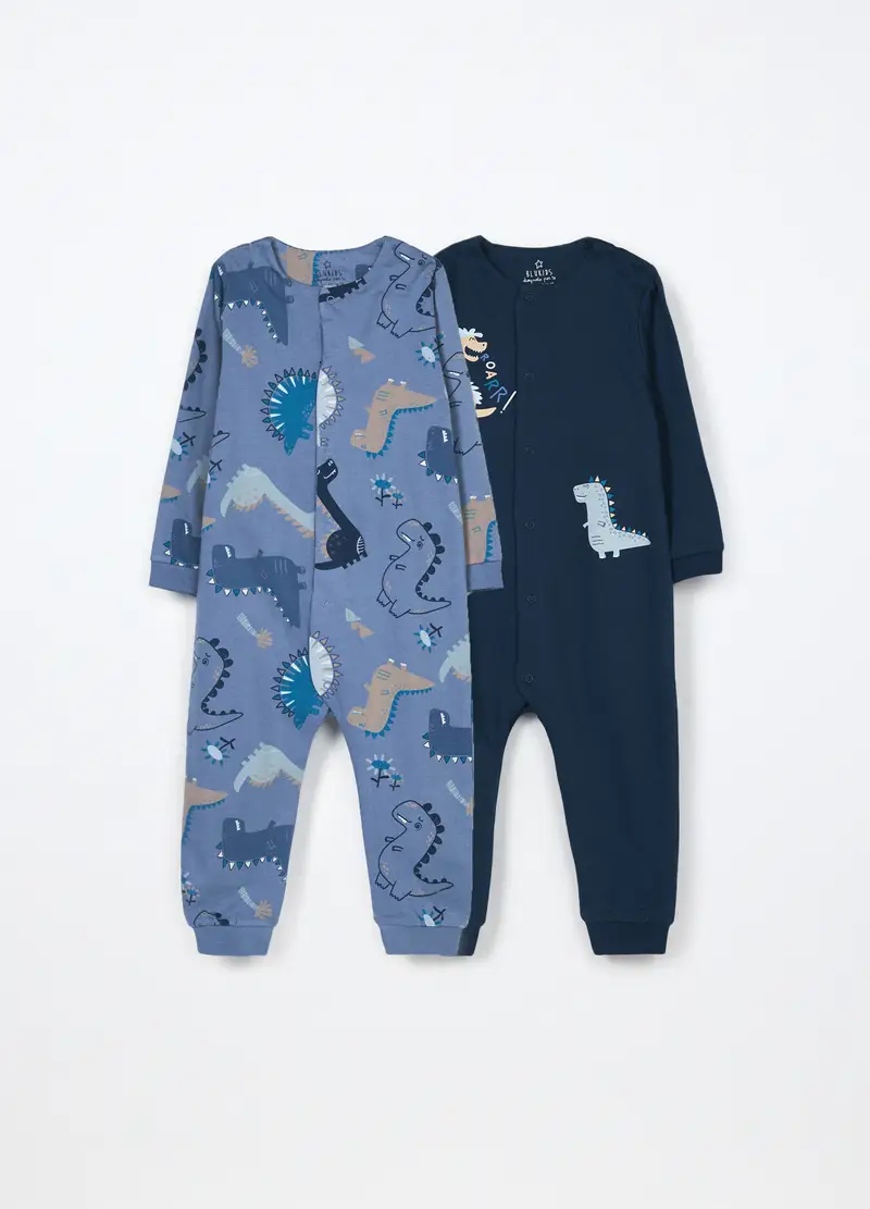 Pack 2 Pigiami Interi In Puro Cotone Fleece Neonato, Neonata, Blu Bluette