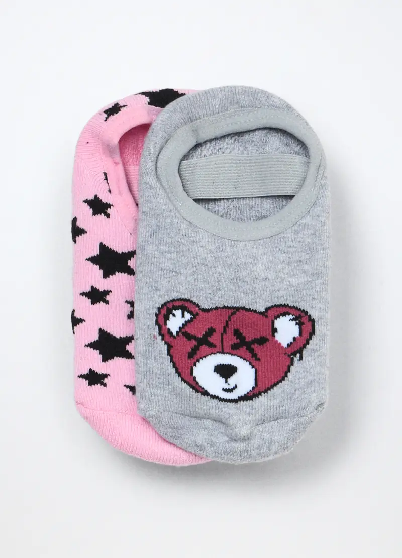 Pack 2 Scarpine Anti Scivolo In Spugna Misto Cotone Bambina, Rosa chiaro