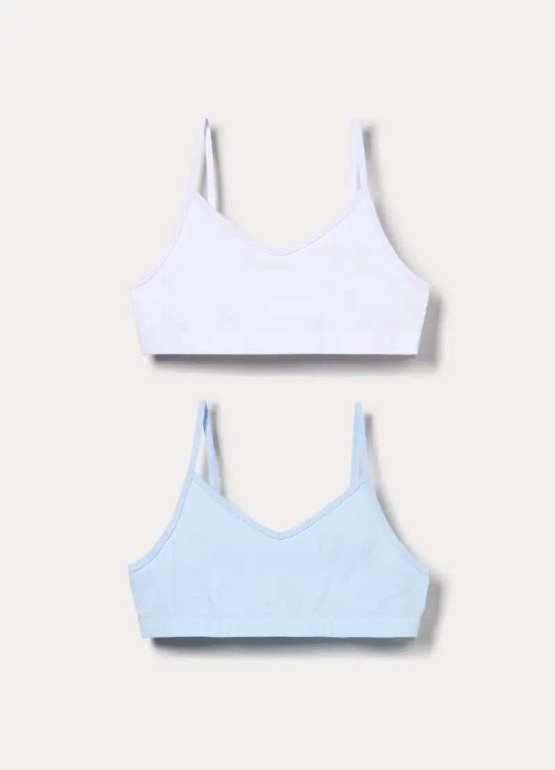 Pack 2 Top In Jersey Di Cotone Stretch, Bambina, Bianco/Azzurro