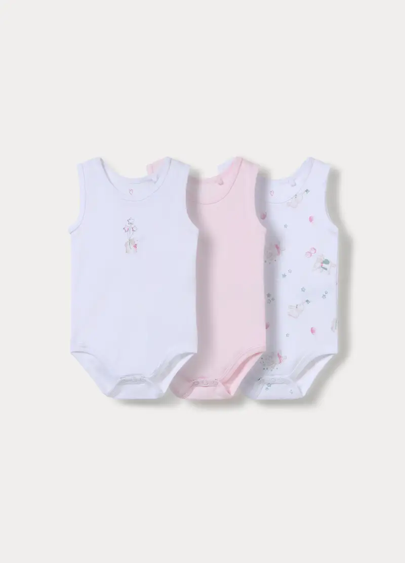 Pack 3 Body In Costina Di Puro Cotone, Neonata, Bianco/Rosa