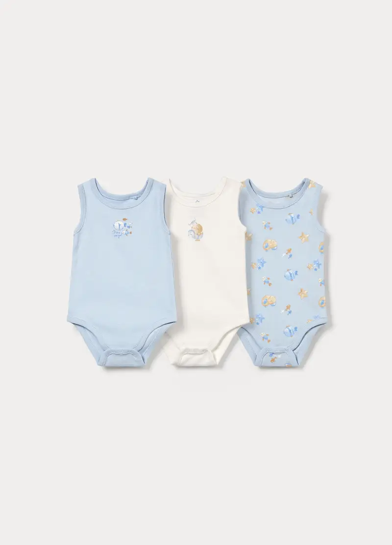 Pack 3 Body In Costina Di Puro Cotone, Neonato, Azzurro chiaro