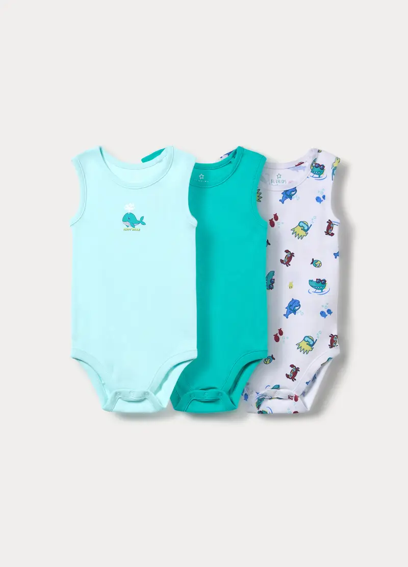 Pack 3 Body In Costina Di Puro Cotone, Neonato, Azzurro turchese