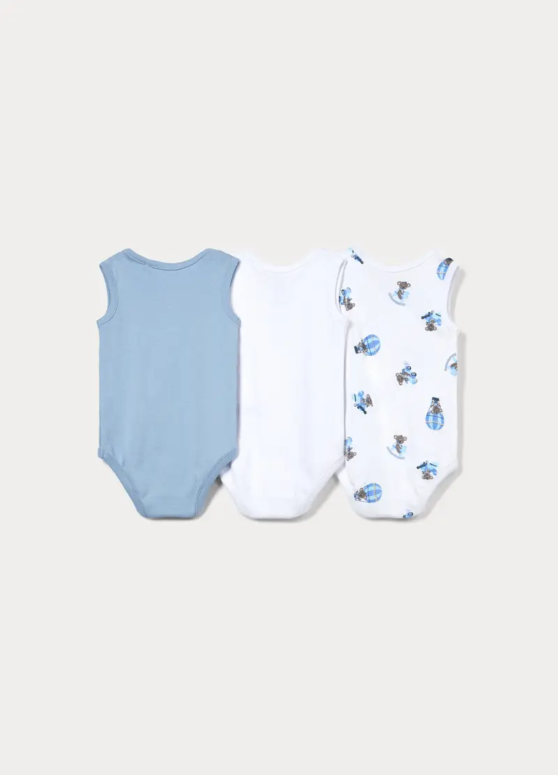 Pack 3 Body In Costina Di Puro Cotone, Neonato, Bianco/Azzurro miniatura 2
