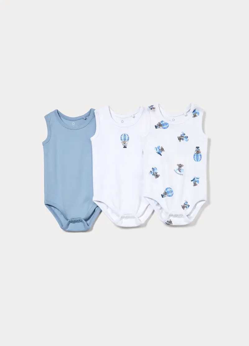 Pack 3 Body In Costina Di Puro Cotone, Neonato, Bianco/Azzurro