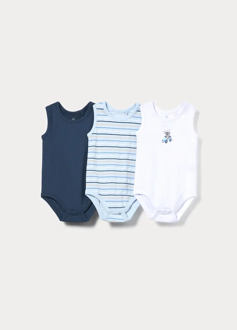 Pack 3 Body In Costina Di Puro Cotone, Unisex, Bianco/Blu