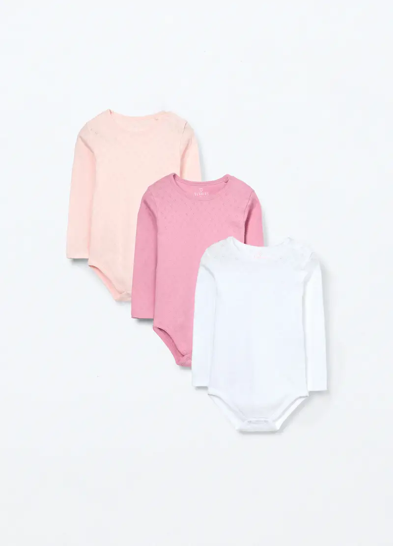 Pack 3 Body In Puro Cotone Pointelle Neonata, Rosa pastello