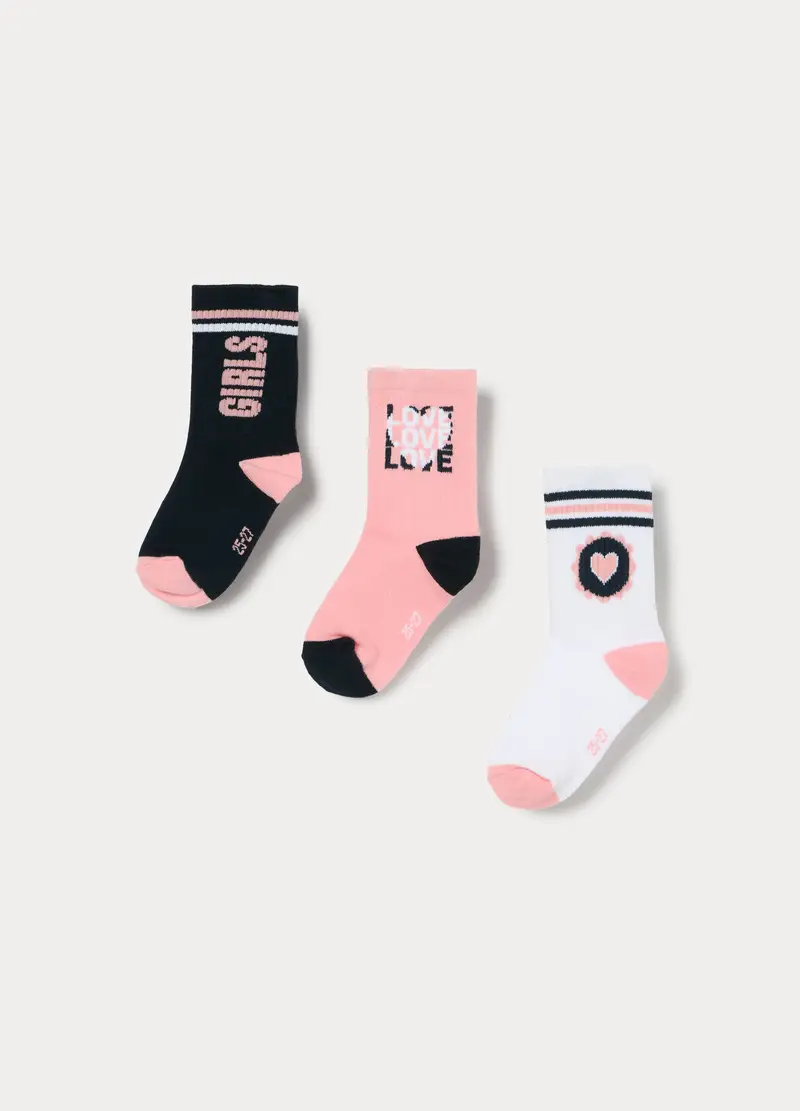 Pack 3 Calze Corte Misto Cotone, Bambina, Rosa/Nero