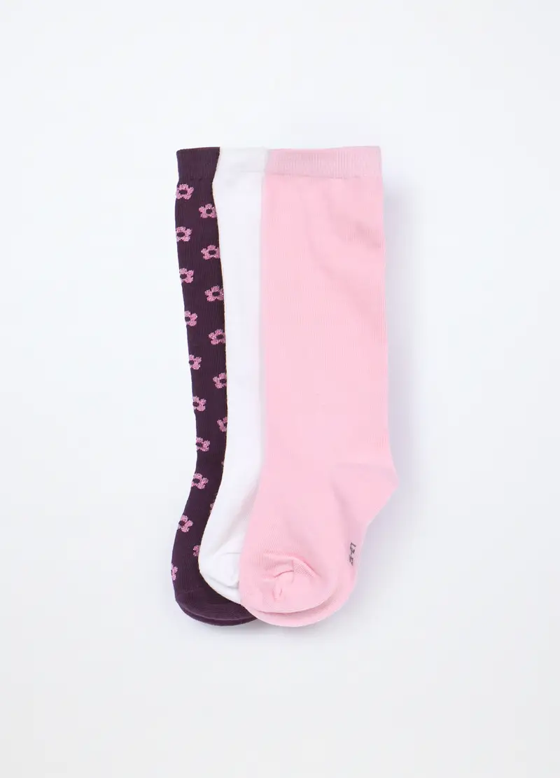 Pack 3 Calze Lunghe Misto Cotone Stretch Bambina, Rosa pastello
