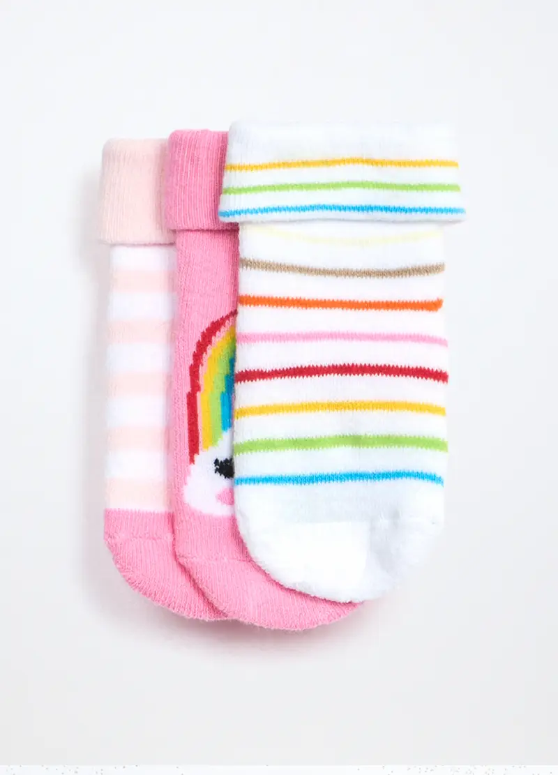 Blukids, Pack 3 Calzini Antiscivolo In Spugna Misto Cotone Neonata, Bianco/Rosa, Taglia: 6-12