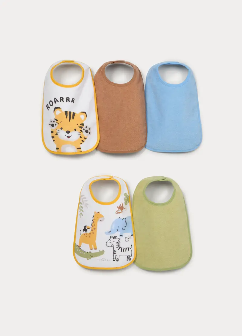 Pack 5 Bavaglini In Spugna Misto Cotone Neonato, Bianco/Marrone, U