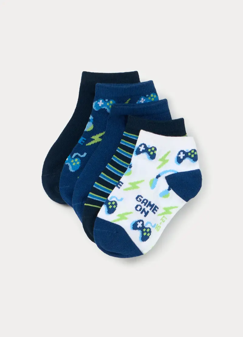 Pack 5 Calze Corte In Misto Cotone Stretch, Bambino, Blu scuro