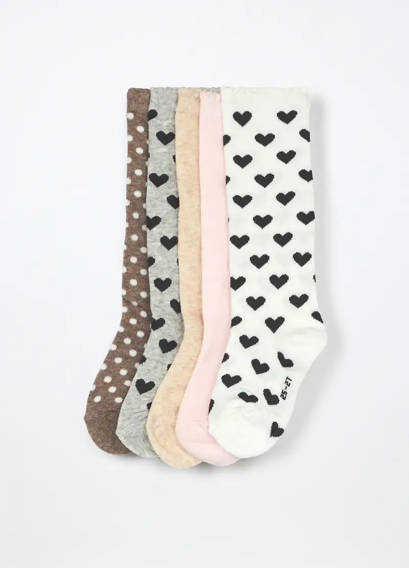 Pack 5 Calze Lunghe In Cotone Stretch Bambina, Bianco/Nero