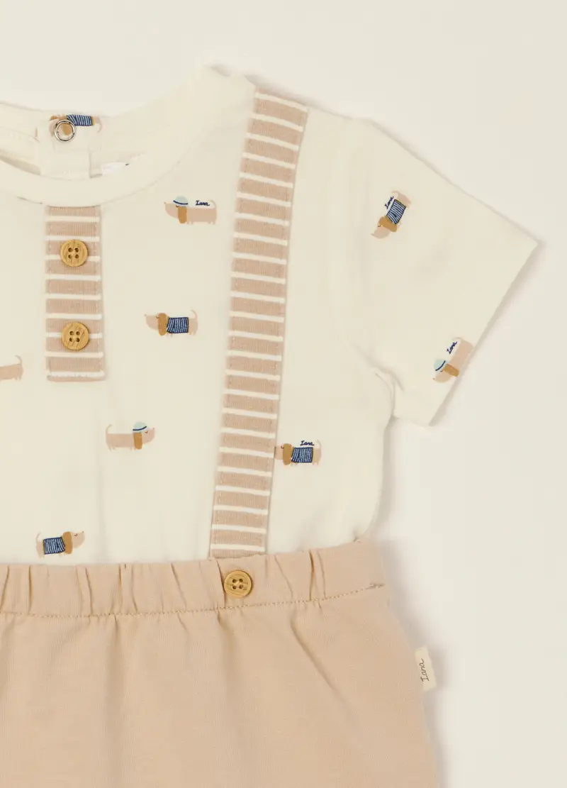 Pagliaccetto Bianco Con Stampa E Dettagli In Cotone Organico, Neonato, Beige miniatura 3