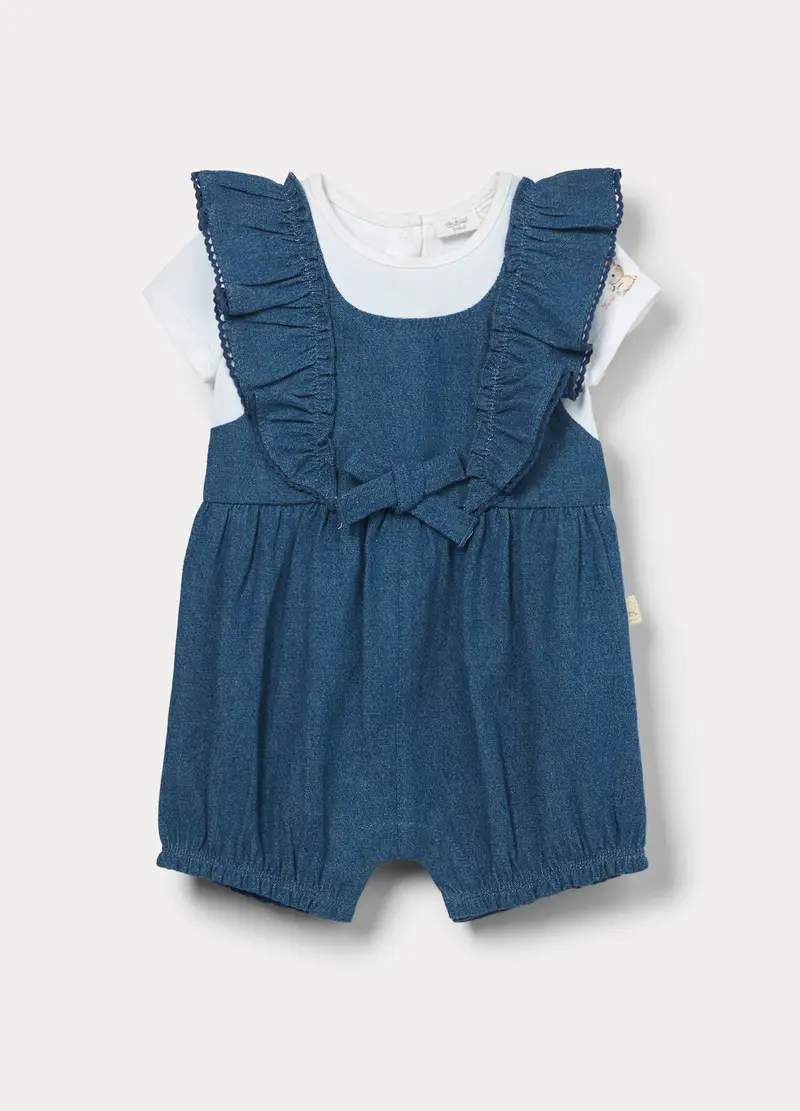 Pagliaccetto In Chambray Di Puro Cotone Neonata, Blu chambray