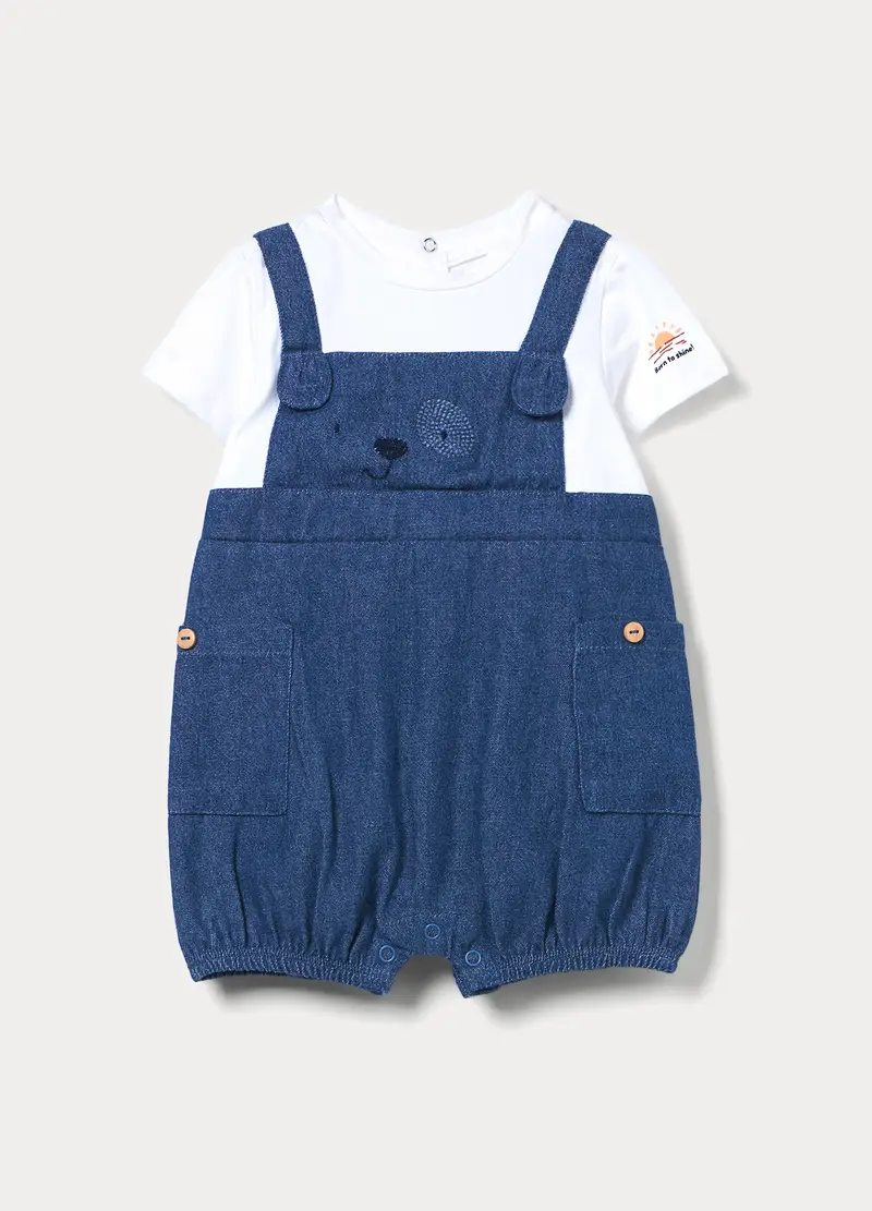 Pagliaccetto In Puro Cotone Chambray Neonato, Blu chambray