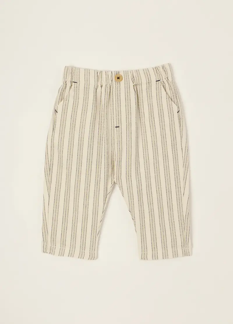 Pantaloncini Beige A Righe In Puro Cotone, Neonato, Beige