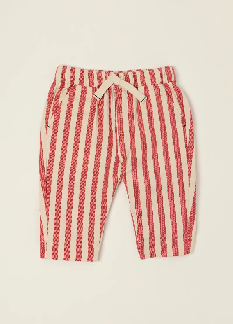Pantaloni A Righe Rosse In Puro Cotone, Neonato, Beige