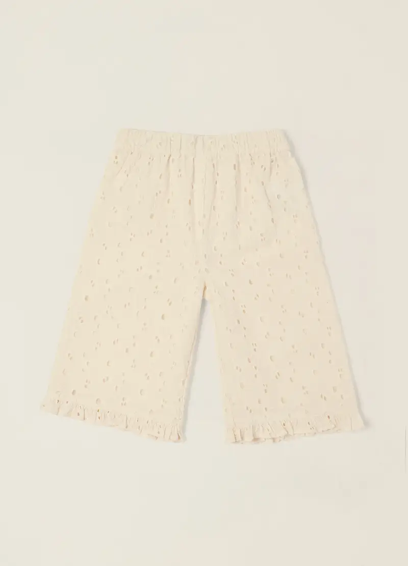 Pantaloni Beige In Puro Cotone Con Texture Traforata, Neonata, Beige