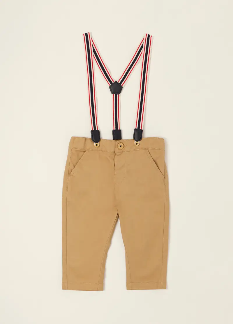 Pantaloni Beige Per Neonato In Cotone Elasticizzato Con Bretelle, Beige