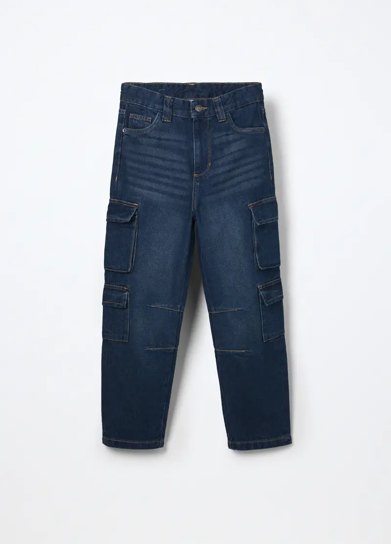 Pantaloni Cargo In Denim Di Puro Cotone Ragazzo, Bambino, Blu denim