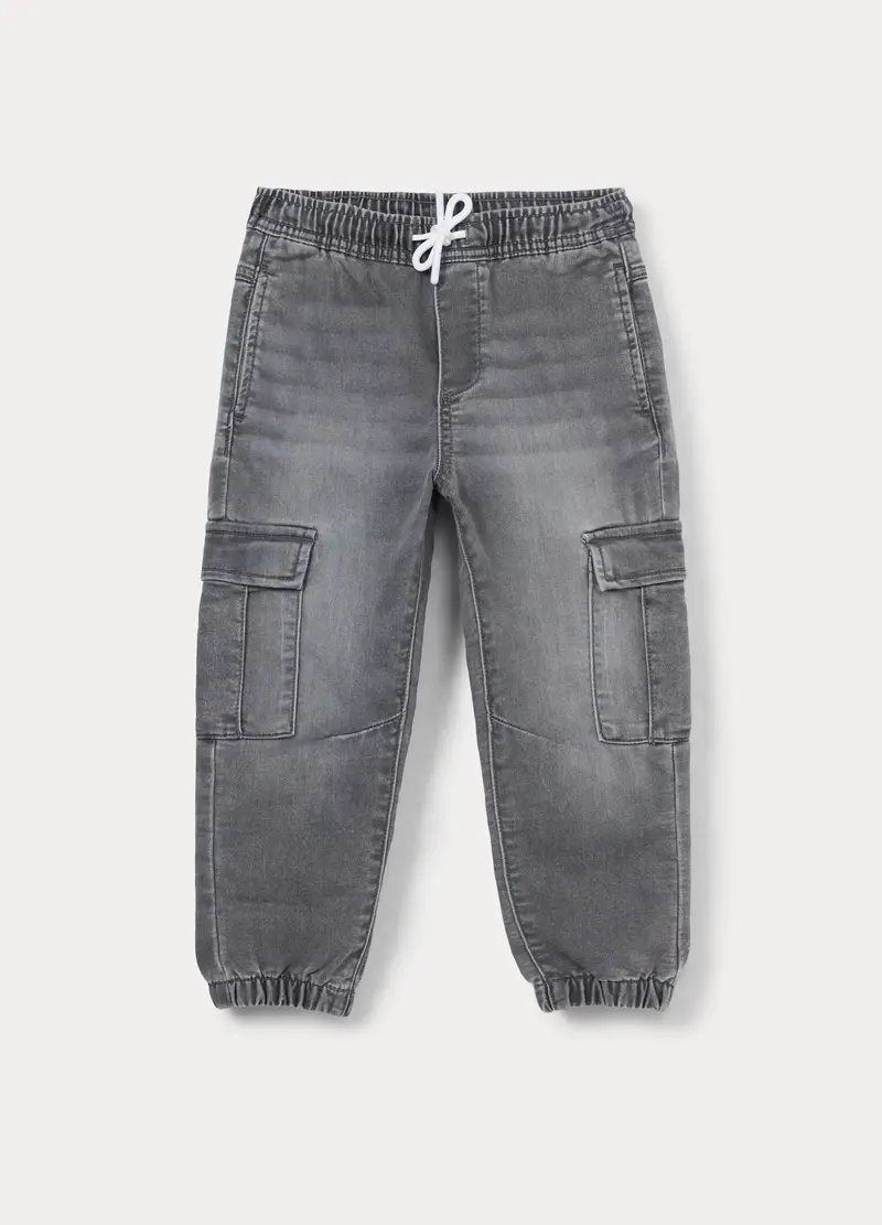 Pantaloni Cargo In Denim Stretch Bambino, Grigio chiaro