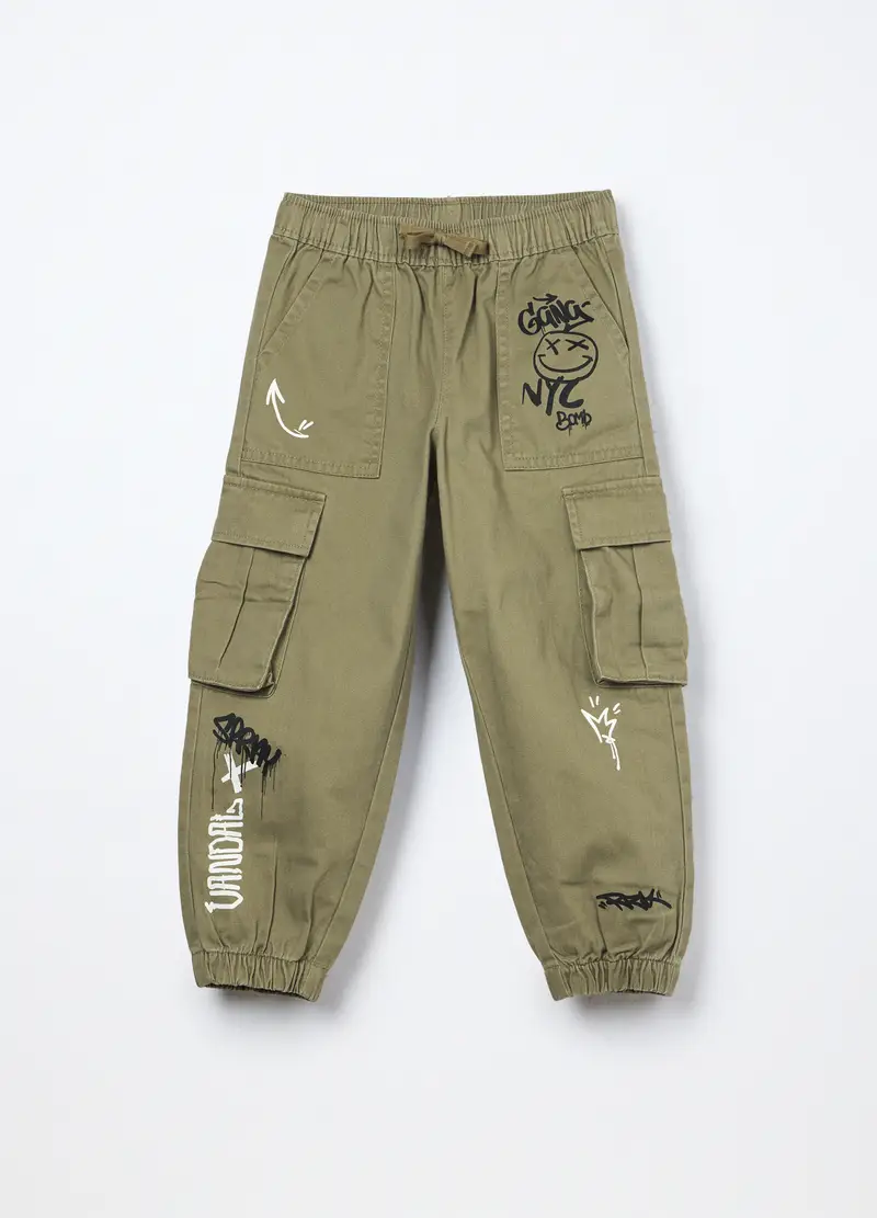Pantaloni Cargo In Puro Cotone Bambino, Verde militare