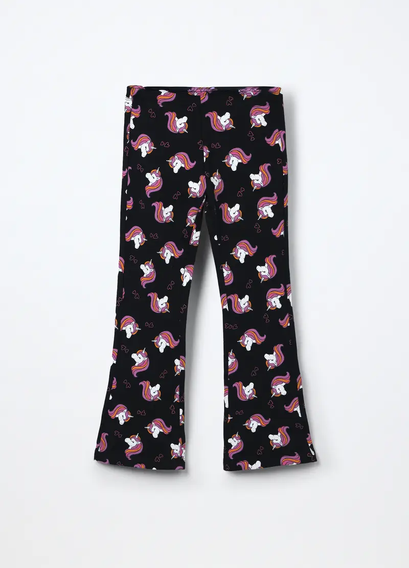 Pantaloni Flare Fit In Cotone Stretch Bambina, Nero stampa 1