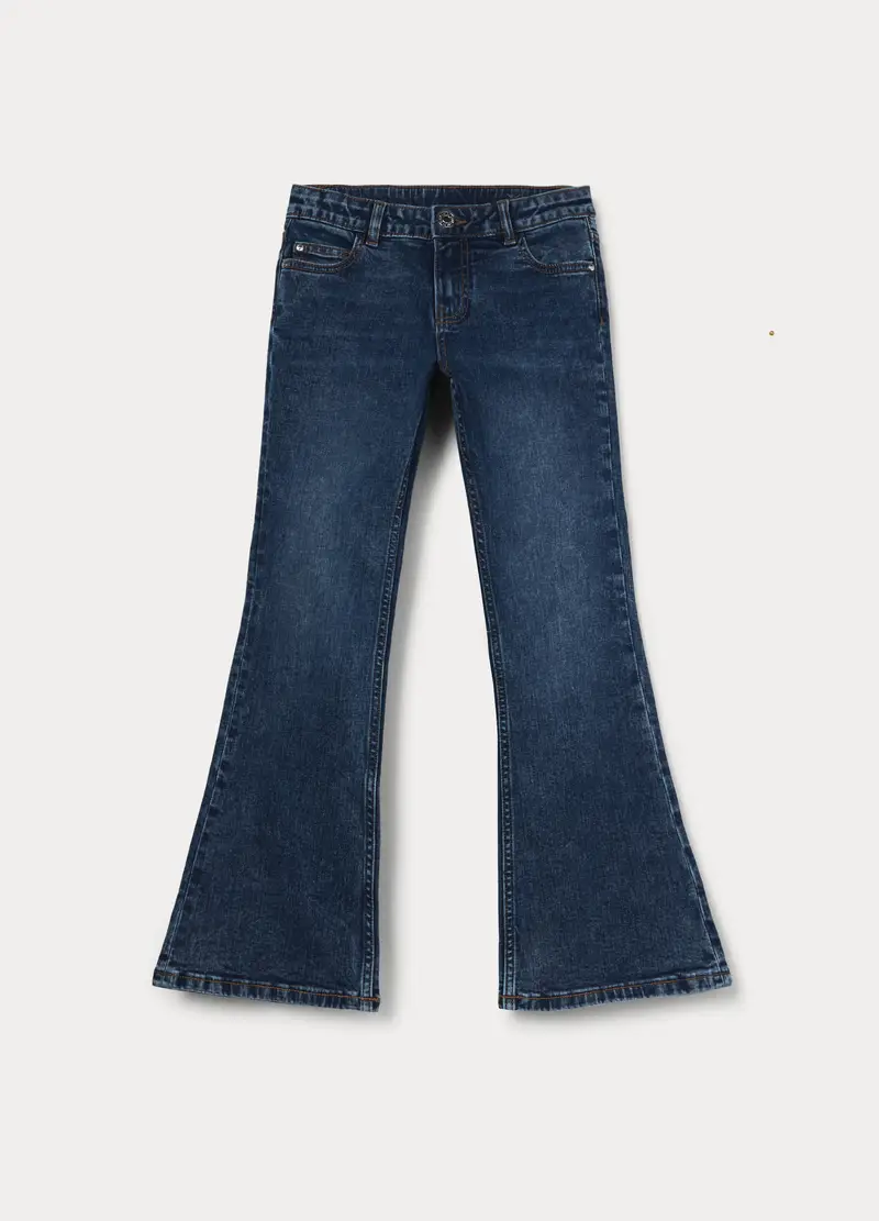 Pantaloni Flare Fit In Denim Di Cotone Stretch Ragazza, Bambina, Blu scuro