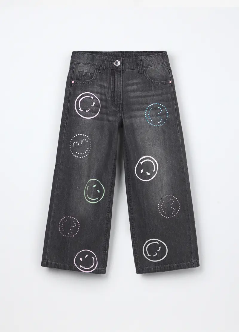Pantaloni In Denim Di Puro Cotone Bambina, Nero canna di fucile