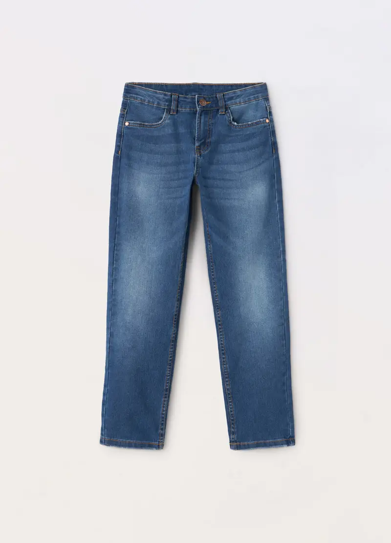 Pantaloni In Stretch Denim Di Misto Cotone Ragazzo, Bambino, Blu denim