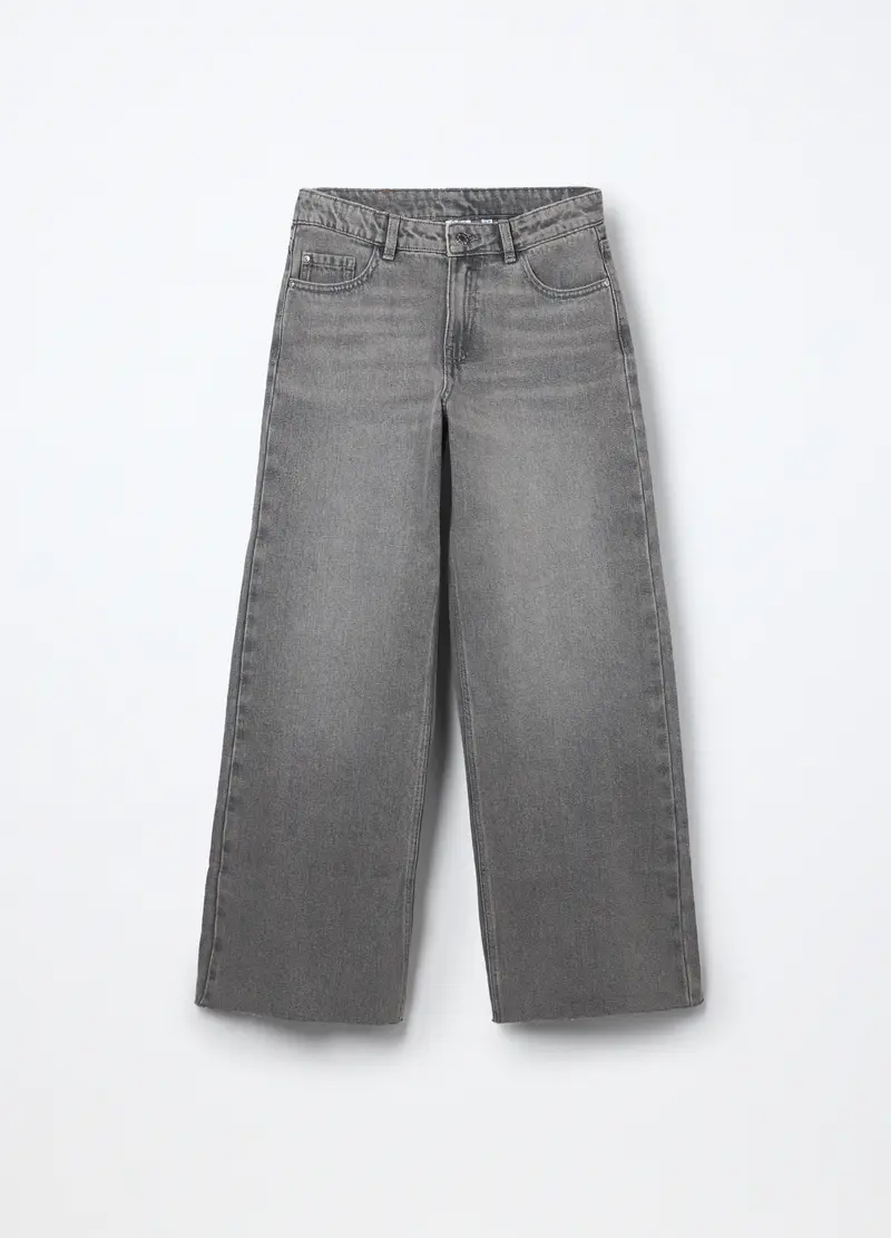 Pantaloni Wide Leg In Denim Di Misto Cotone Ragazza, Bambina, Grigio cenere