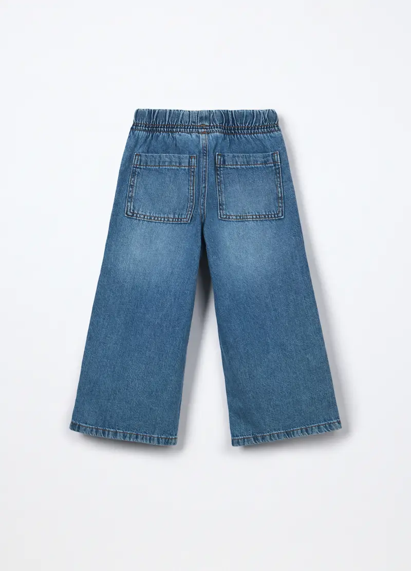 Pantaloni Wide Leg In Denim Di Puro Cotone Bambina, Blu denim miniatura 2