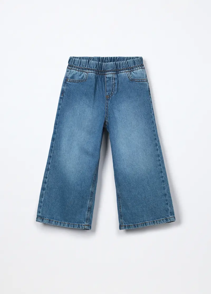 Pantaloni Wide Leg In Denim Di Puro Cotone Bambina, Blu denim